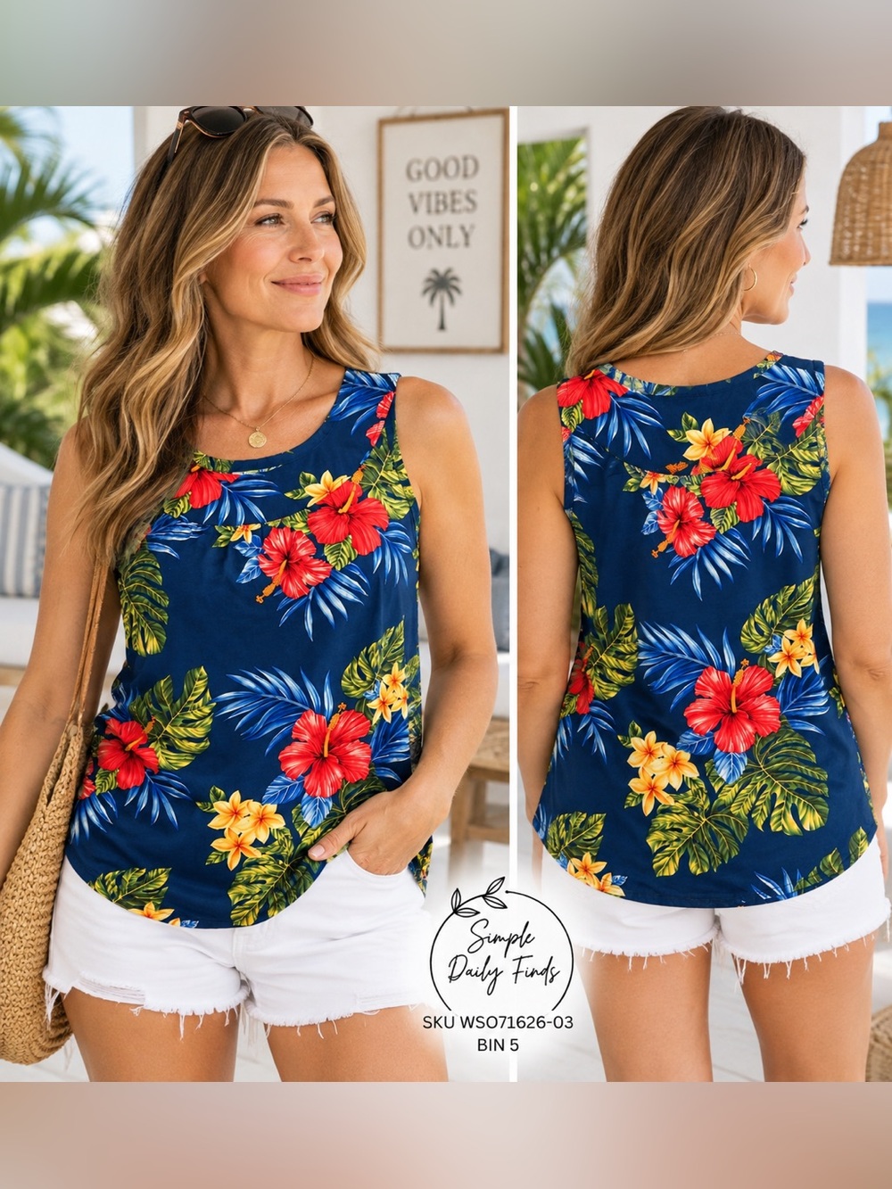 Bishop St Apparel Hawaiian Tank Top Navy Hibiscus Tropical Aloha Resort
